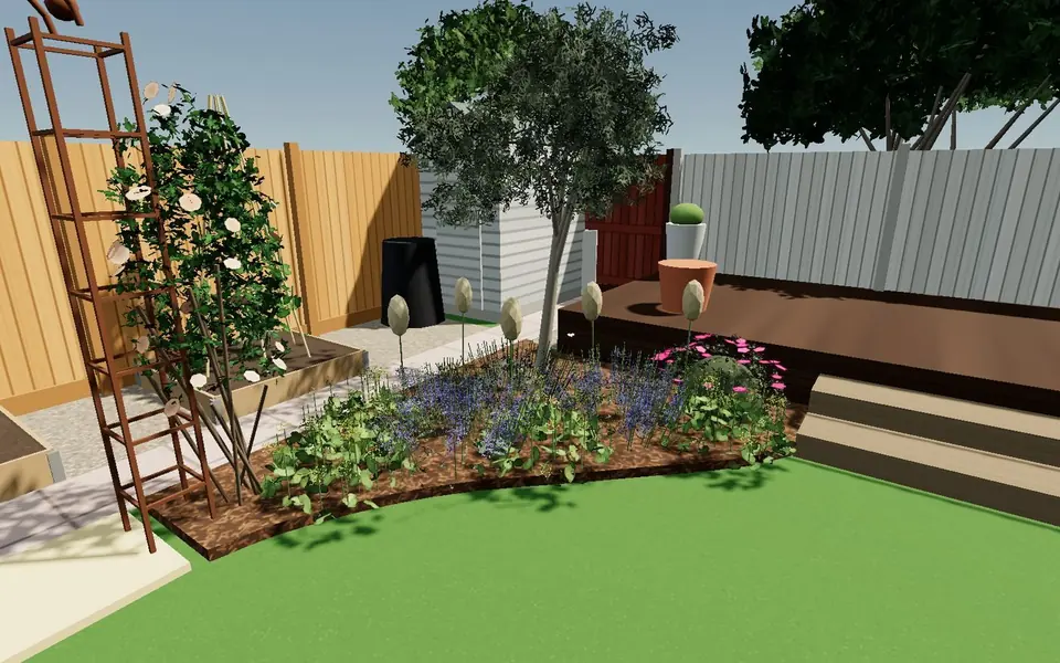 A 3D view of the finished planting around an olive tree